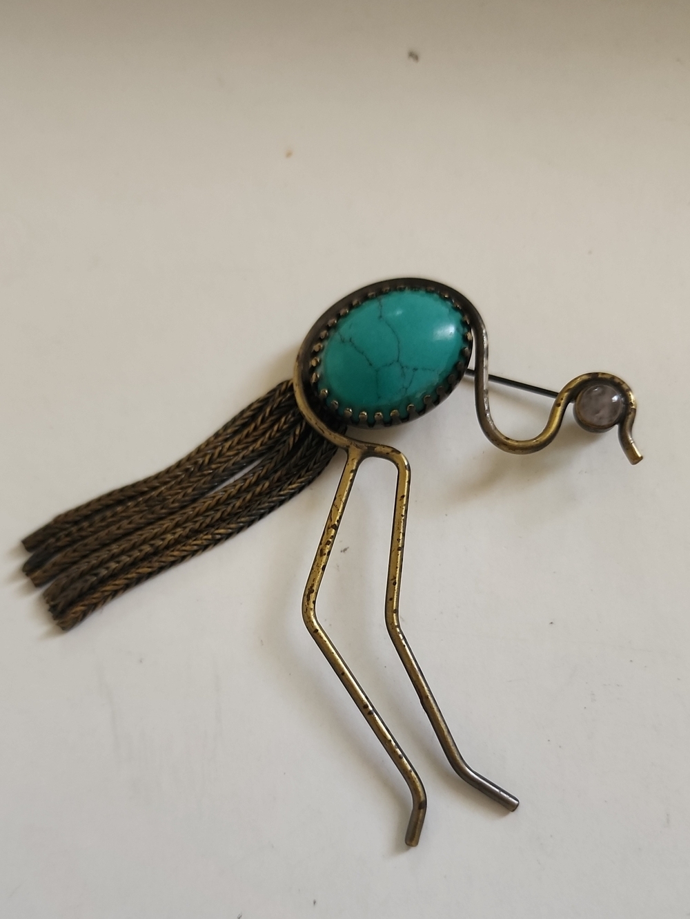 Vintage Turquoise Bird Brooch Brass Tone Fringe Pin